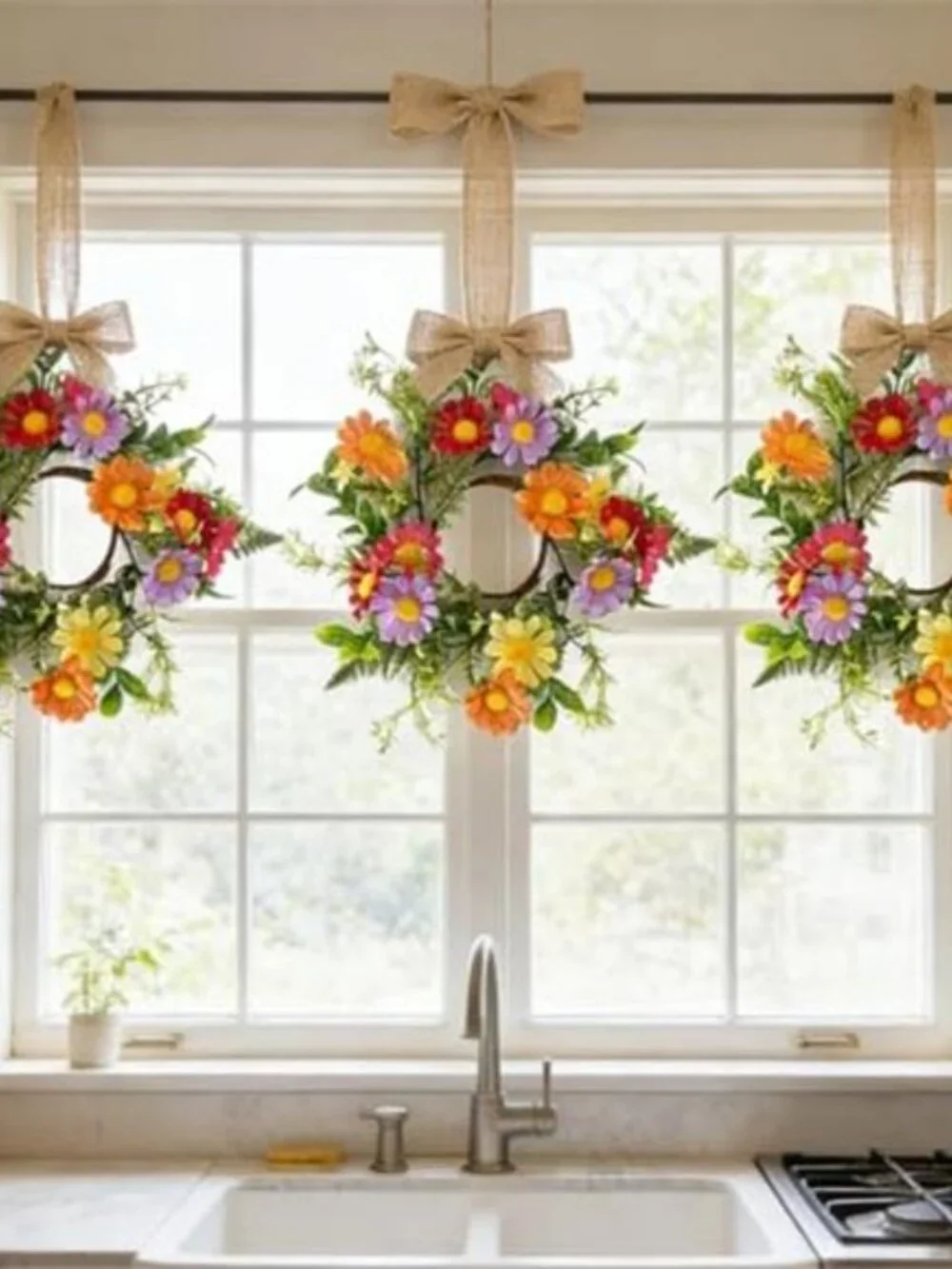 4 Pcs Mini Flowers Wreaths for Cabinets with Orange Red Purple Yellow Daisy